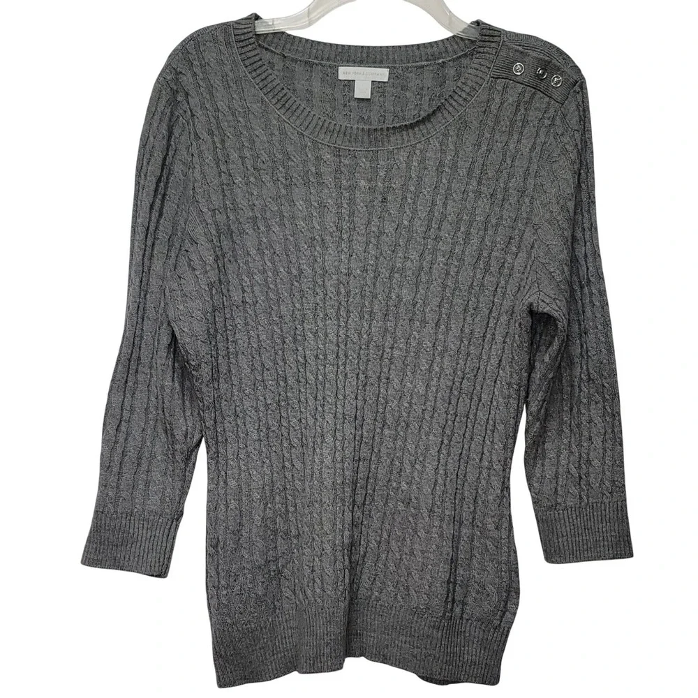 NY & Co Gray Cable Knit Button Shoulder Sweater 3/4 Sleeve Women's L Office Chic